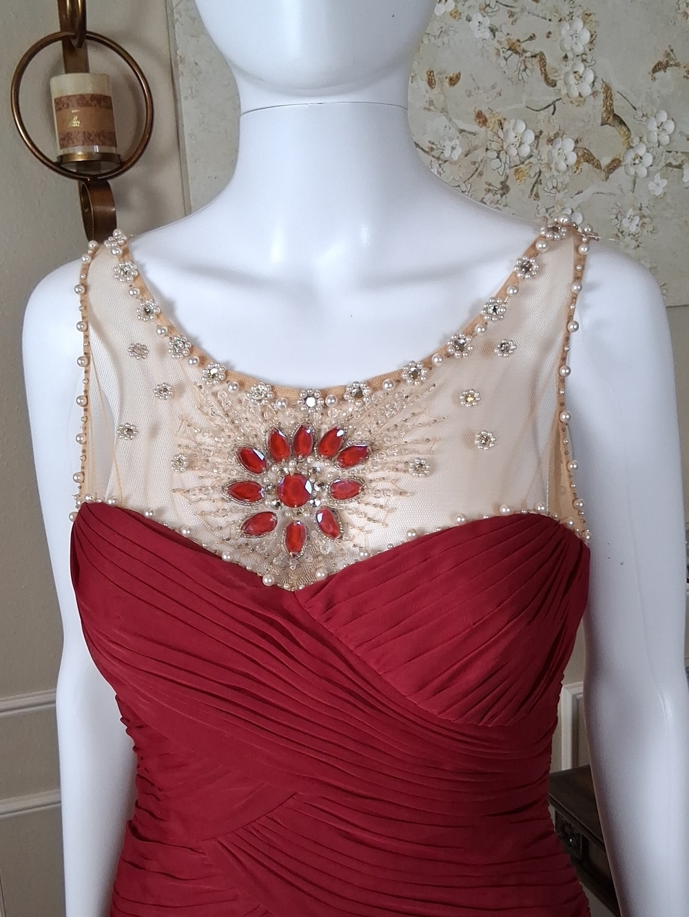 Adrianna Papell Deep Red Beaded Illusion Neck Cocktail Pleated Dress Medium - Picture 7 of 16